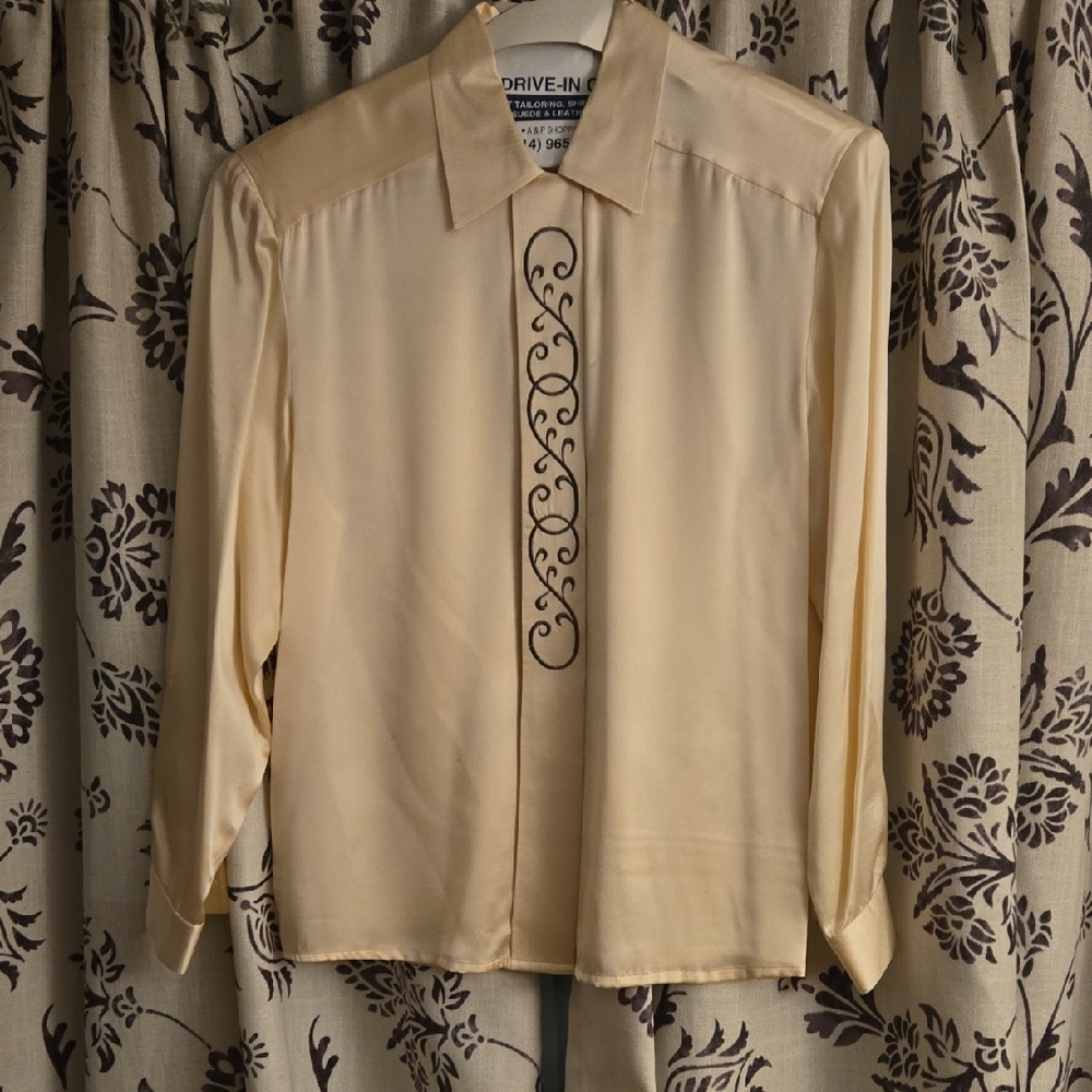 WinterSilks Cream Blouse with Black Embroidery
